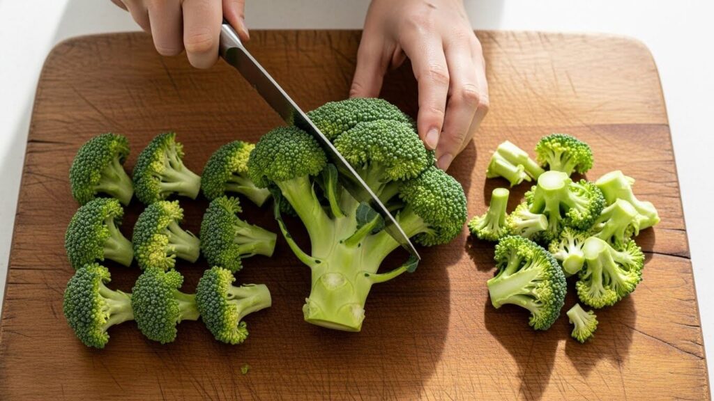 Fresh broccoli florets and stems on a wooden cutting board ready for roasting.