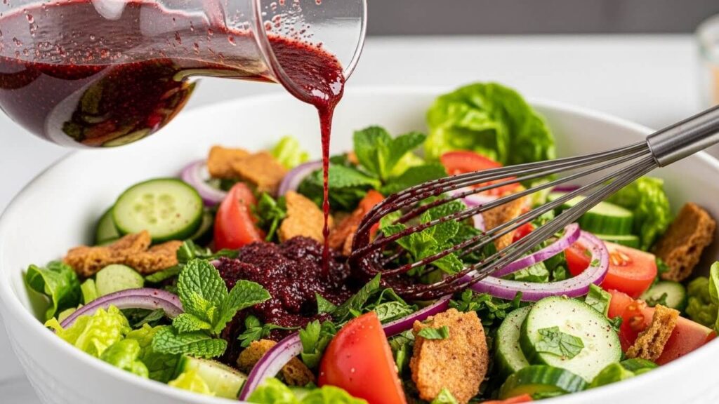 Action shot: Pouring the Lebanese sumac dressing over the chopped vegetables.