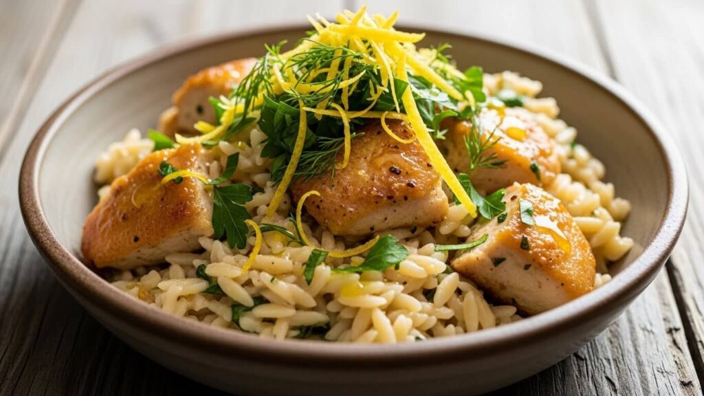 Close-up of plated lemon chicken orzo showing a loose, creamy texture and generous fresh parsley garnish.