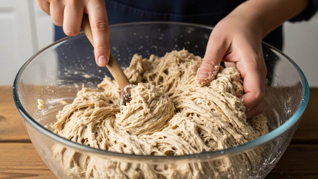 Making no knead peasant bread dough in a glass mixing bowl with a wooden spoon.