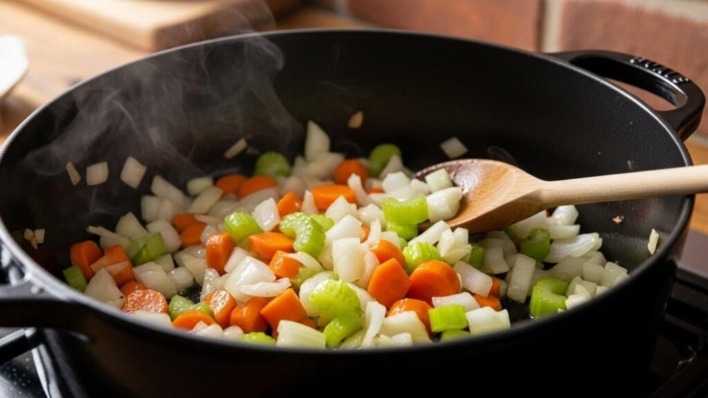 Step 1 sautéing onions and celery for Tuscan white bean soup in a Dutch oven pot.