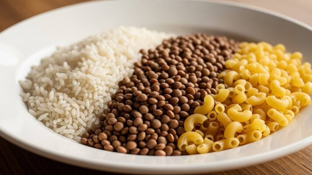 egyptian vegan koshari ingredients - rice lentils and pasta