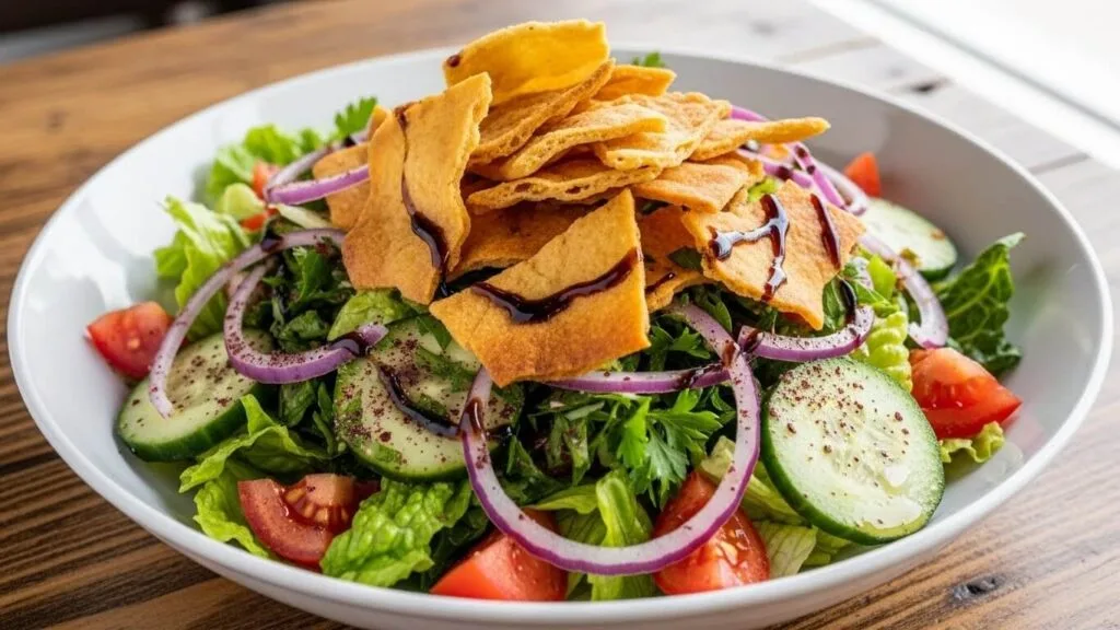 Authentic Lebanese Fattoush salad recipe with crispy pita bread and zesty sumac dressing.