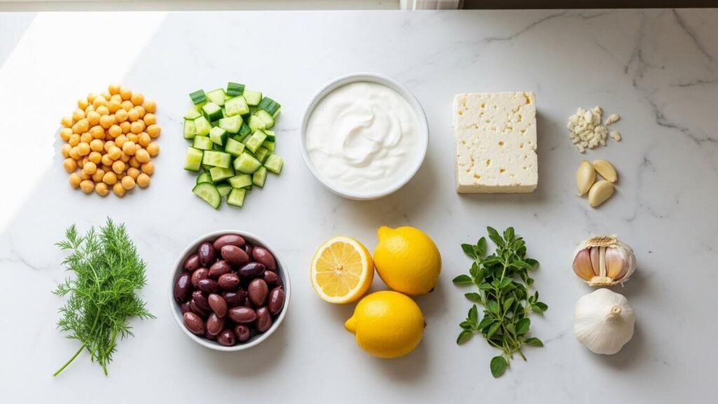 Flat lay of all raw ingredients for a Mediterranean mezze platter, including chickpeas, feta, yogurt and fresh vegetables.