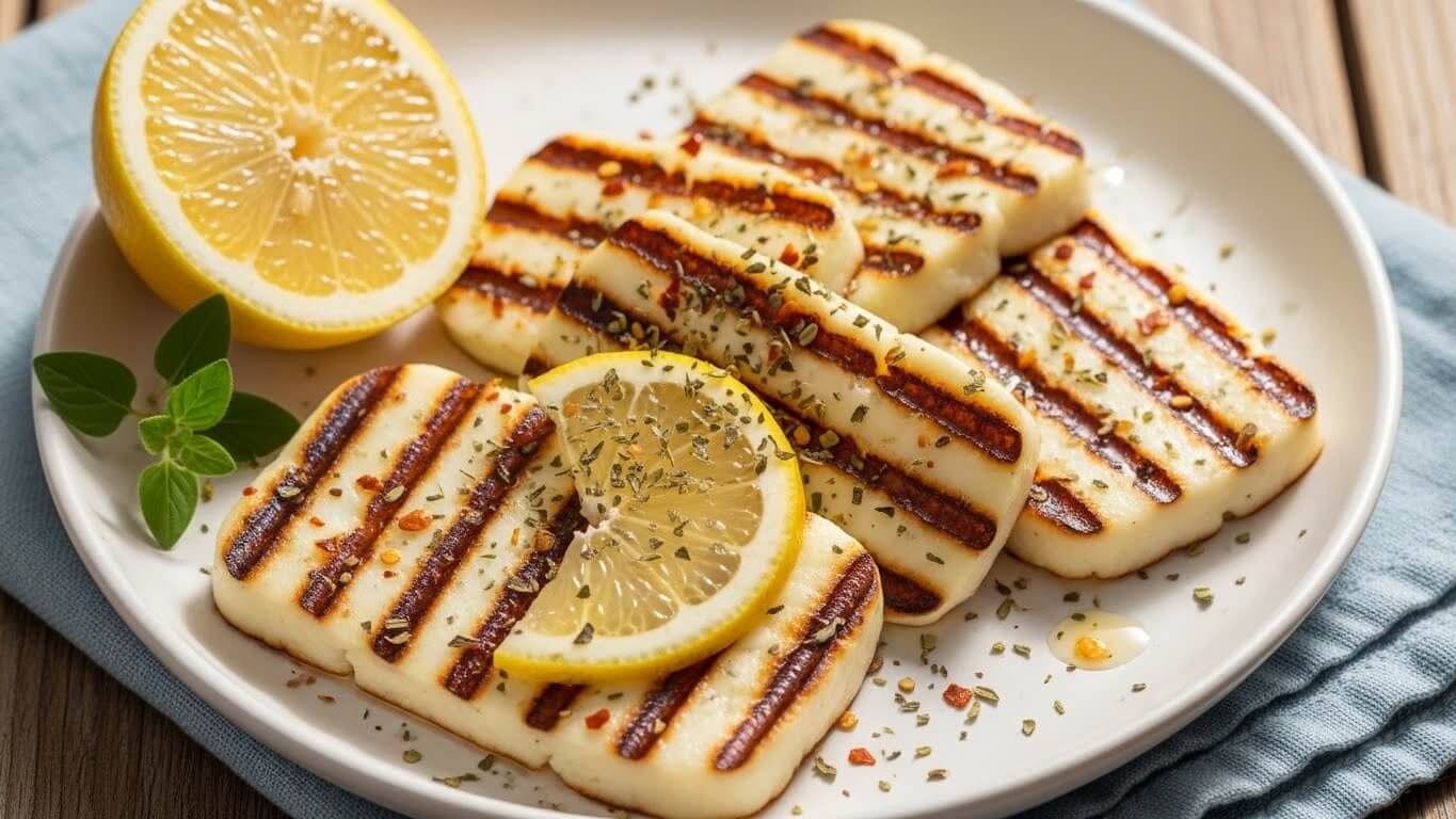 Grilled halloumi cheese slices drizzled with lemon juice and topped with oregano and chili flakes on a white plate, Mediterranean style