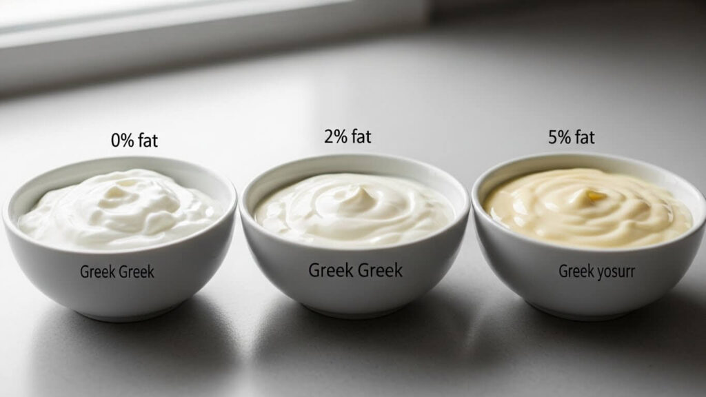 Comparison of 0, 2 and 5 percent fat Greek yogurt showing texture and color differences for selection.