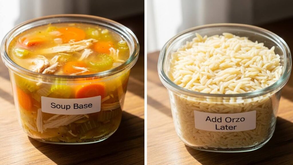 Meal prep containers showing lemon chicken soup base separate from cooked orzo pasta.