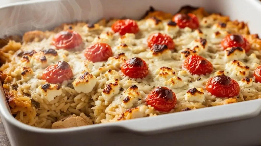Bubbly tray-bake of chicken and orzo topped with roasted tomatoes and softened feta cheese, demonstrating the chicken and orzo bake variation.