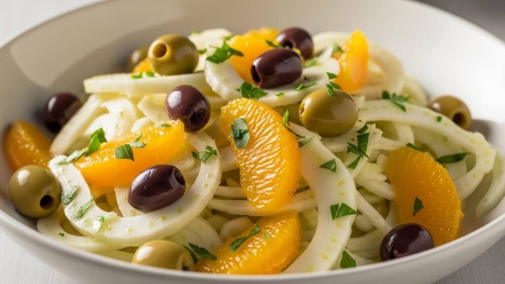 Fennel orange and olive salad, a simple variation using sliced fennel bulb and parsley.