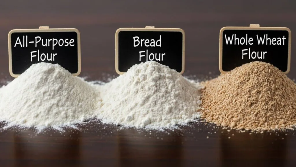 Comparison of flours: All-Purpose, Bread, and Whole Wheat, for the best crusty peasant bread recipe.