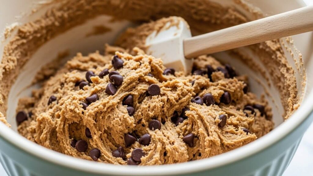 Final tahini chocolate chip cookie dough ready for chilling and scooping