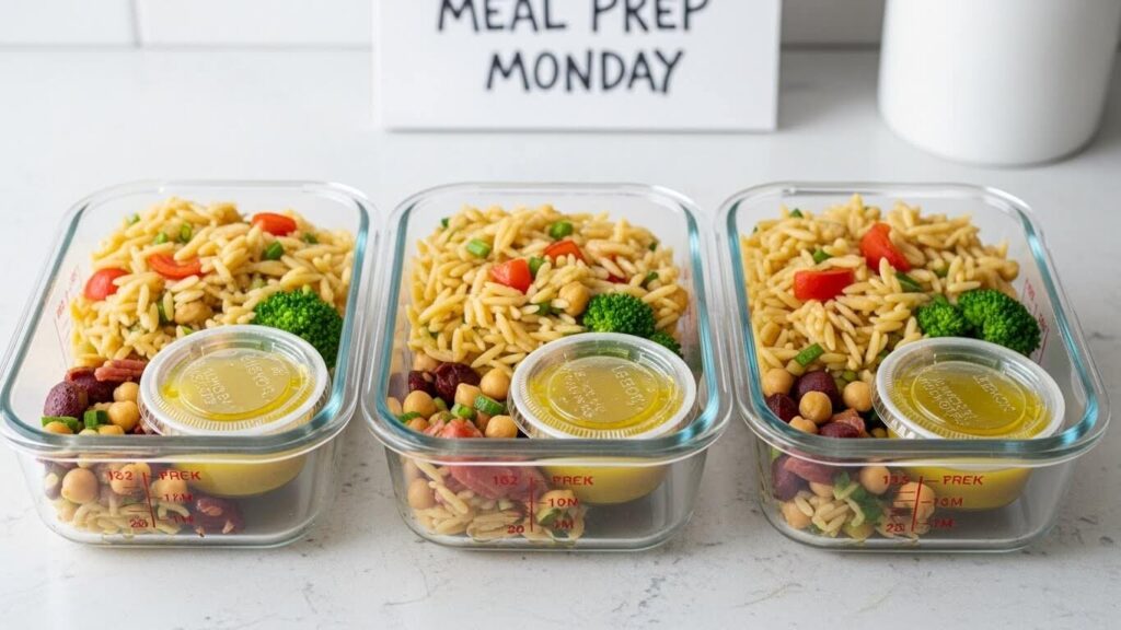 Mediterranean orzo pasta salad portioned into glass meal prep containers for a cold lunch.