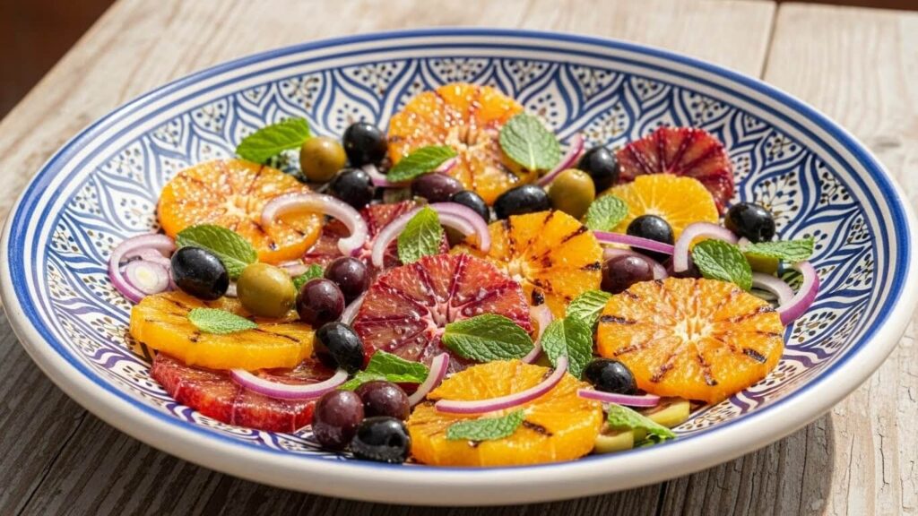 Simple orange and olive salad recipe, a vegan North African dish with mint and olive oil.