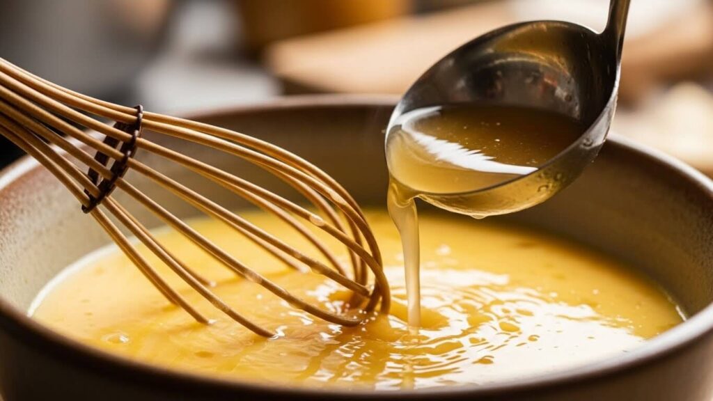 Woman's hand tempering eggs for avgolemono lemon chicken soup by slowly whisking in hot broth.