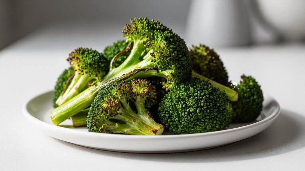 A portion of healthy, crispy roasted broccoli served on a small white plate.