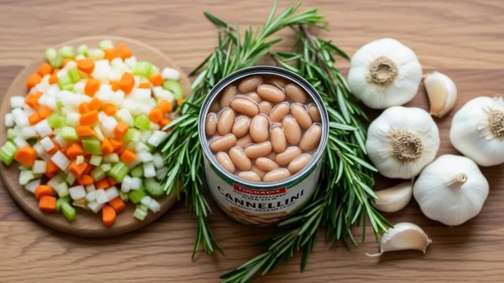 Ingredients for easy Tuscan white bean soup: cannellini beans, rosemary, garlic and mirepoix.