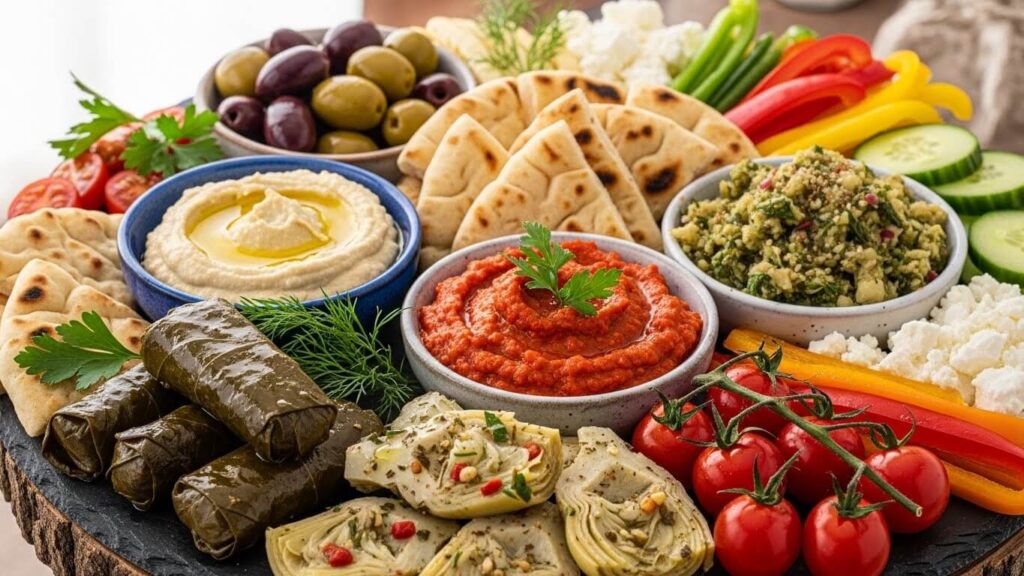 Vegetarian Greek Mezze Platter featuring dolmades, hummus and a variety of colorful fresh vegetables.