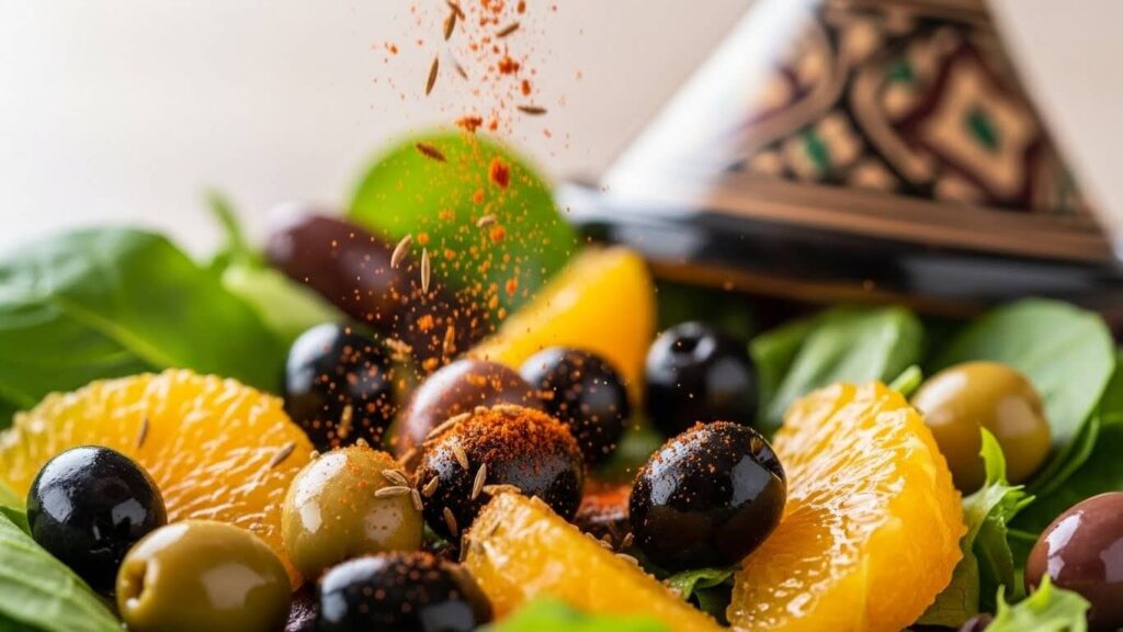 Adding traditional North African cumin and paprika spices to the orange and olive salad for a Moroccan twist.