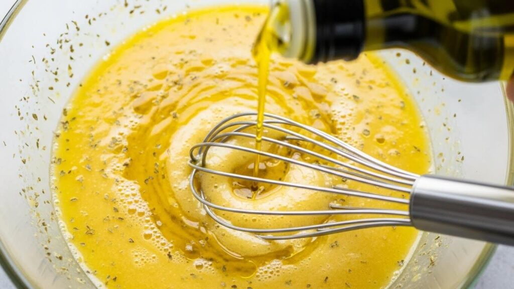 Whisking Mediterranean lemon vinaigrette with olive oil and oregano.