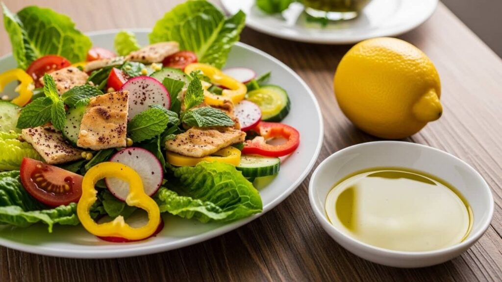 Mediterranean diet benefits of Fattoush: heart-healthy olive oil and plant-forward fiber.