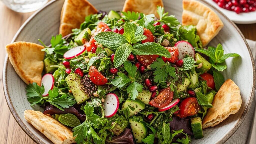Hero image of authentic Lebanese Fattoush salad with crispy pita and fresh vegetables, perfect for the Mediterranean diet.