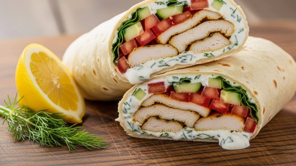Authentic Greek chicken wrap with tzatziki and fresh vegetables on a wooden board.