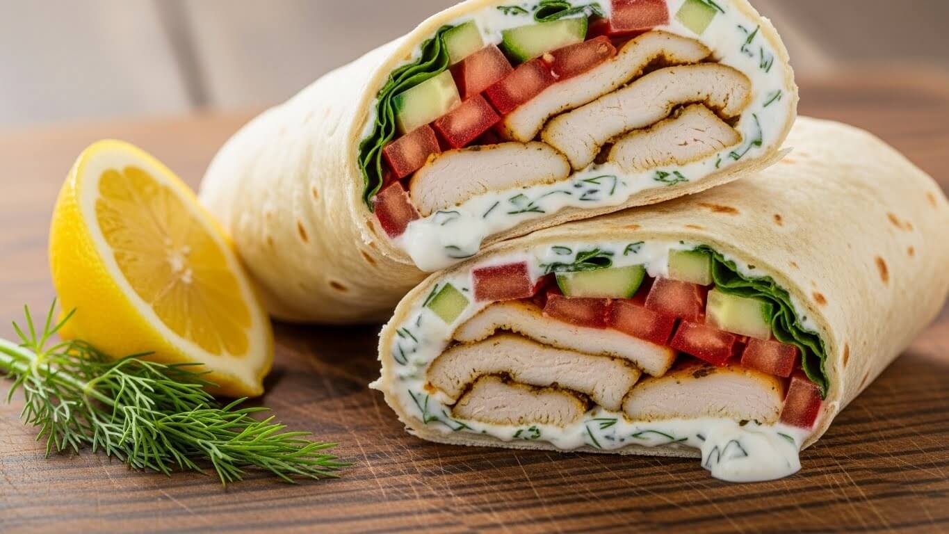 Authentic Greek chicken wrap with tzatziki and fresh vegetables on a wooden board.