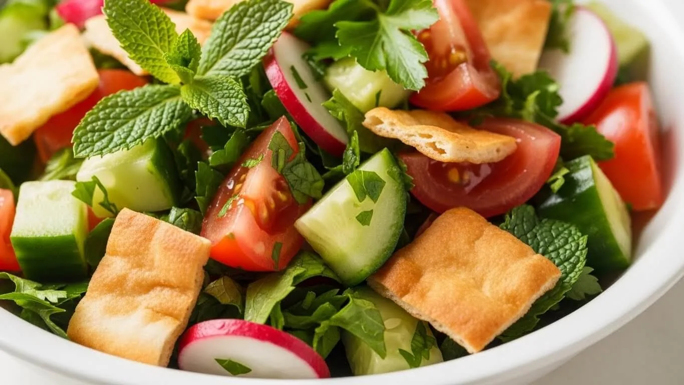 Close-up of Fattoush salad for recipe card, showing crispy pita and fresh vegetables.