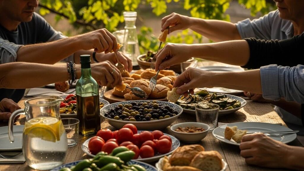 Traditional Mediterranean family sharing a meal outdoors with fresh vegetables, olives, and olive oil on a rustic table.