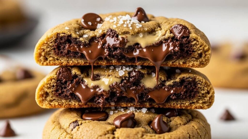 Stack of chewy tahini chocolate chip cookies garnished with flaky sea salt