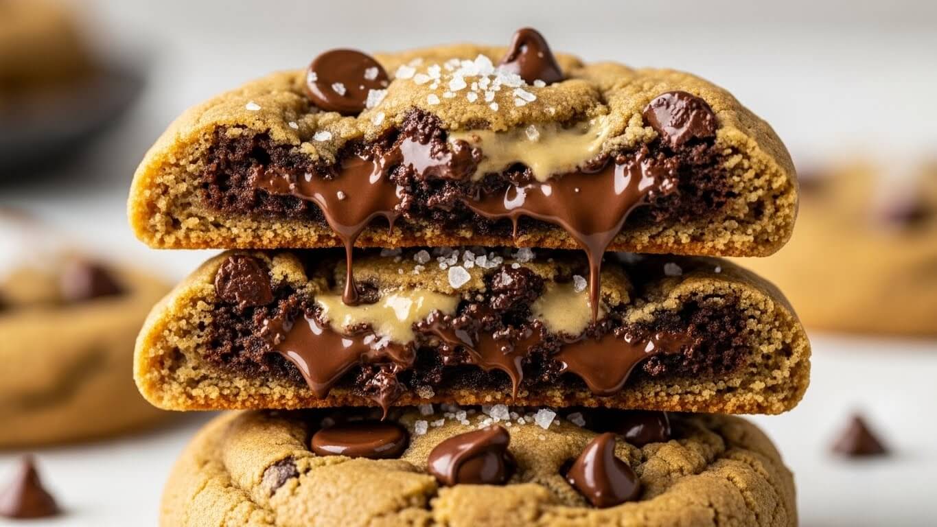 Stack of chewy tahini chocolate chip cookies garnished with flaky sea salt