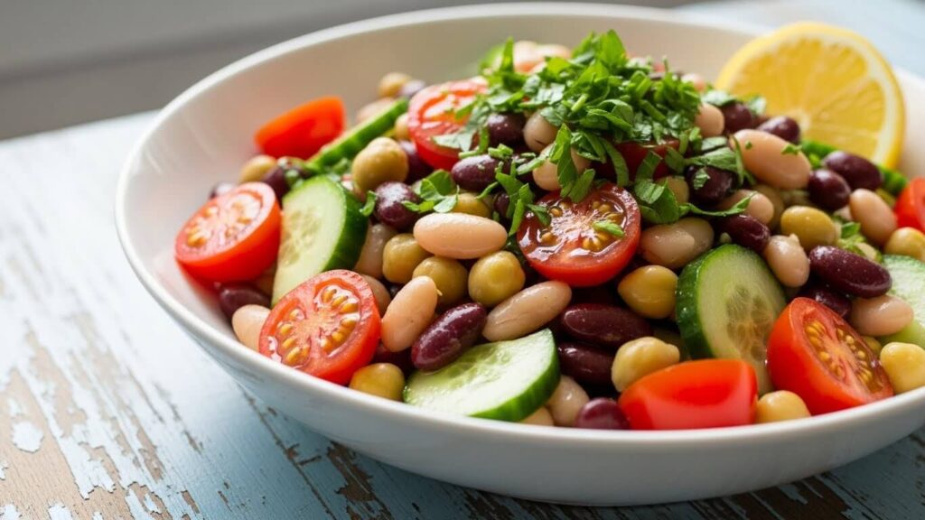 Mediterranean 3-Bean Salad in white bowl with fresh parsley and lemon