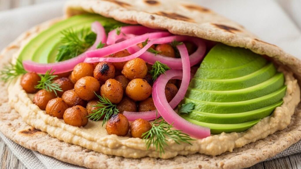 Healthy vegetarian Greek wrap with roasted chickpeas and hummus.