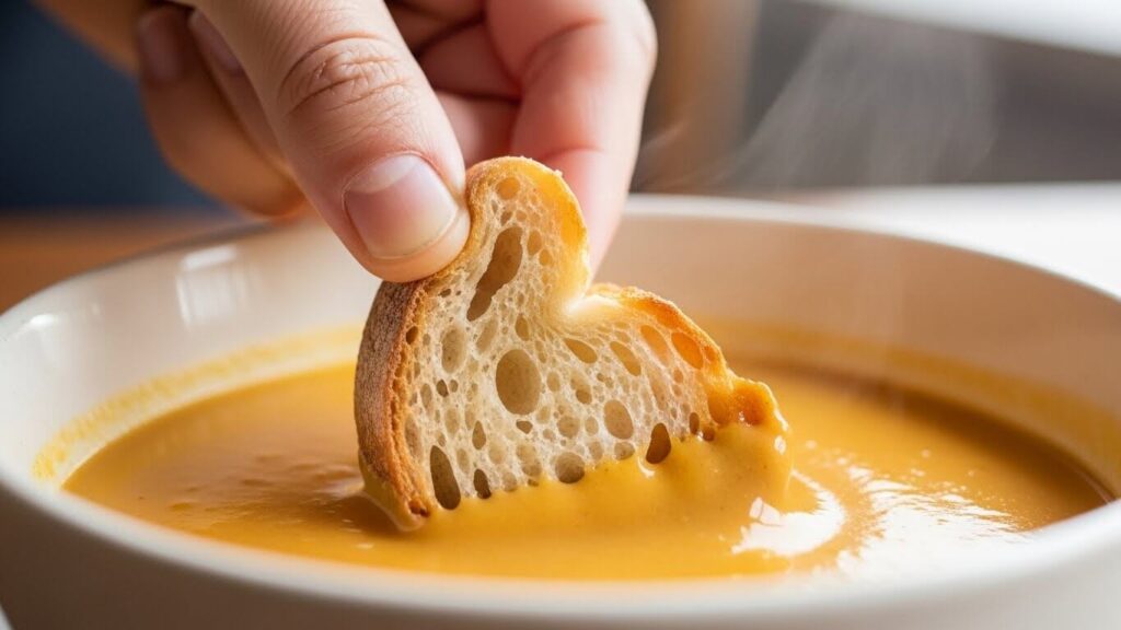 Slice of crusty bread dipped into a bowl of creamy white bean soup pairing idea.