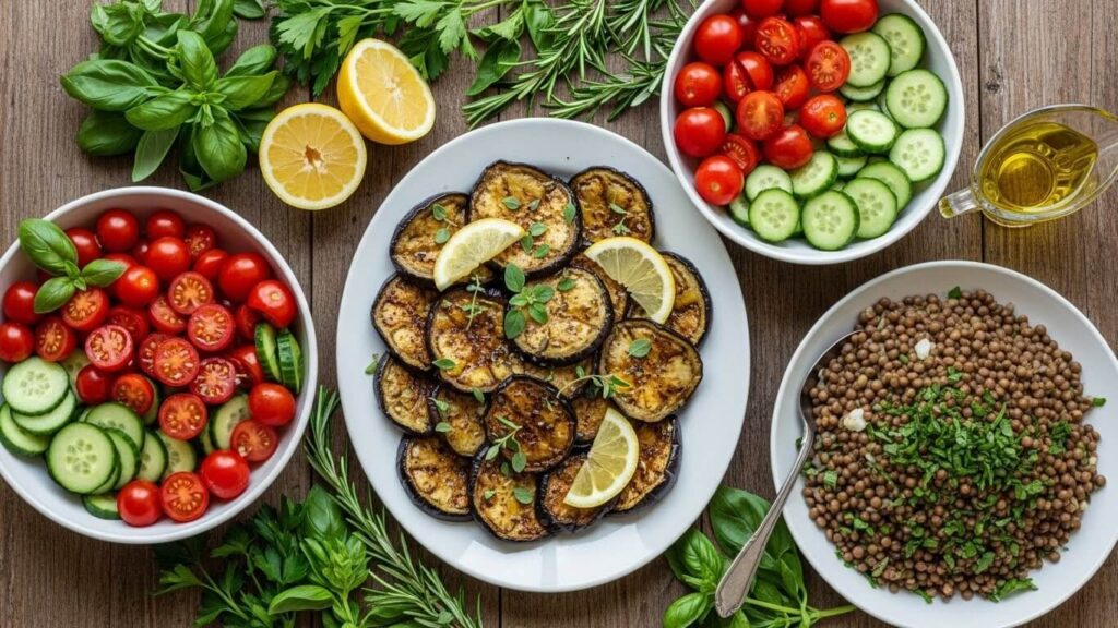 Colorful Mediterranean vegetables and legumes arranged on a rustic table.