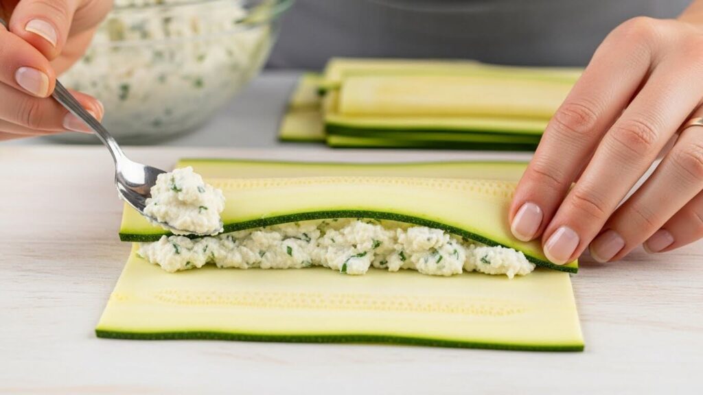 Rolling a zucchini strip with the ricotta and feta filling, placing the assembled roll seam-side down in the baking dish.