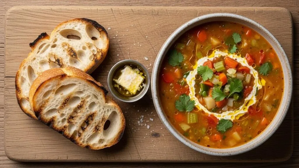 Overhead view of a serving of tuscan white bean soup with a side of toasted sourdough bread.