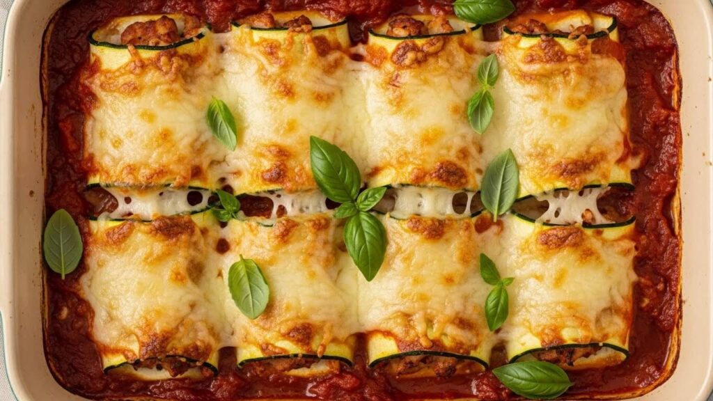 Zucchini lasagna roll ups baked in marinara sauce and topped with fresh basil and melted feta.