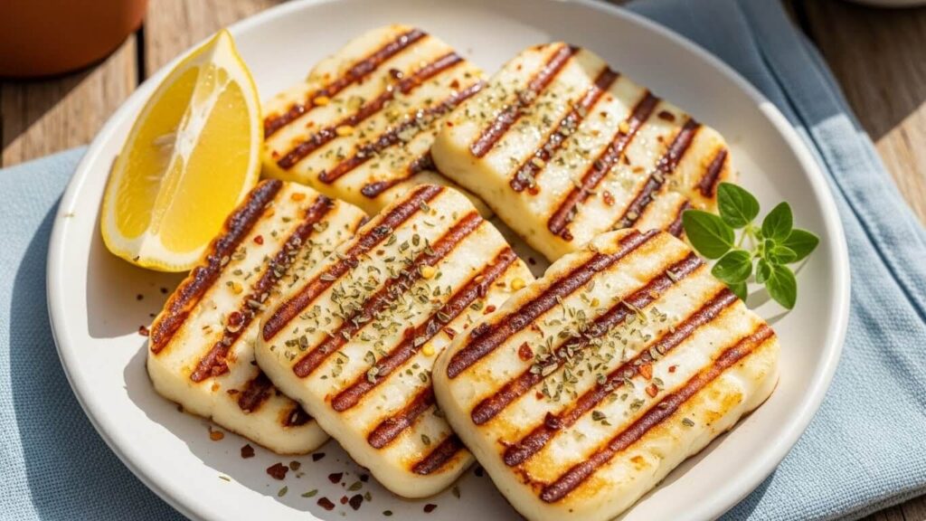 Grilled halloumi slices on a plate with fresh lemon and oregano. Golden brown with clear grill marks.