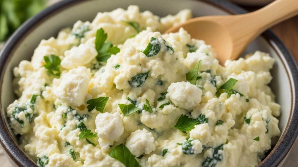 Ricotta cheese filling mixed with feta, fresh herbs (basil, parsley, oregano), and a hint of lemon zest for a bright Mediterranean flavor.