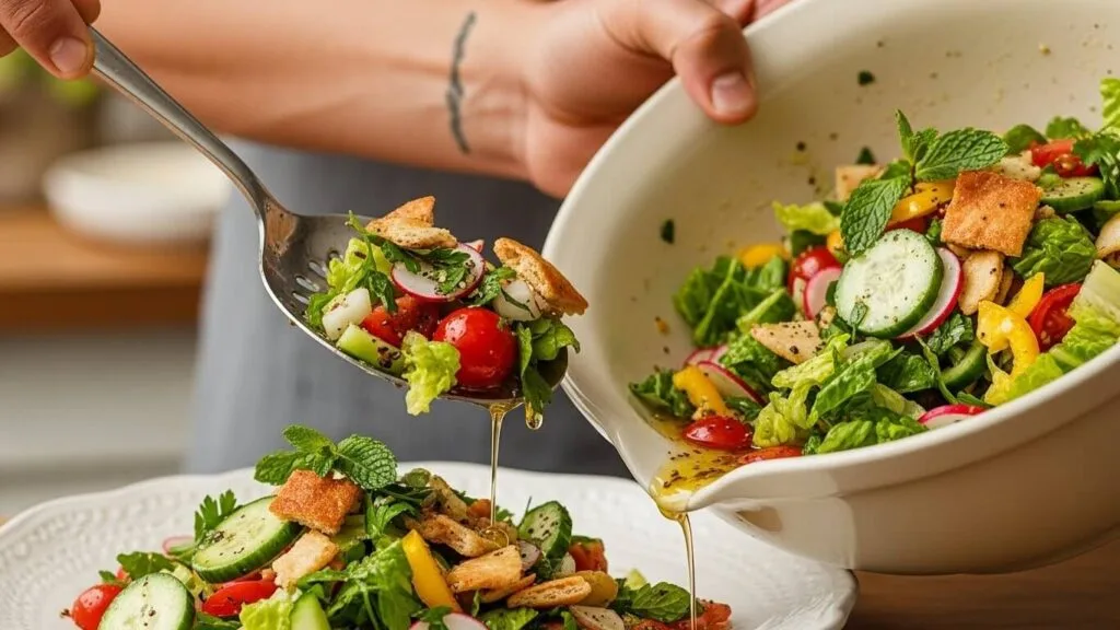Expert tip: Using a slotted spoon to avoid a watery and soggy pita salad.