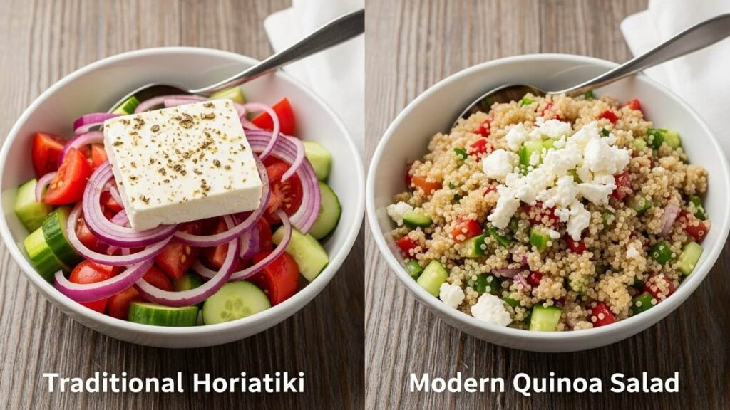 Comparison photo of traditional Greek salad (horiatiki) on the left and modern Greek Quinoa Salad on the right, illustrating the main differences.