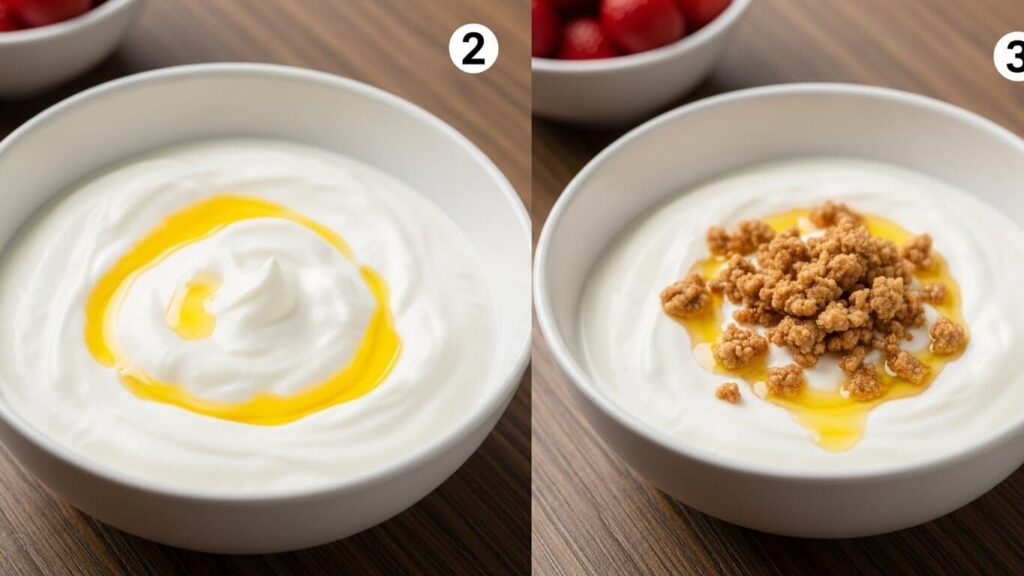 Step-by-step layering process for a perfect yogurt bowl: yogurt, seeds, fruit and honey drizzle.