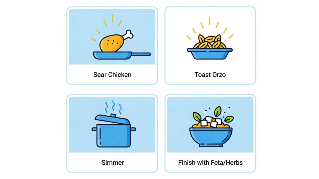 Infographic: 4 simple steps to make the Mediterranean chicken and orzo recipe for a quick dinner.