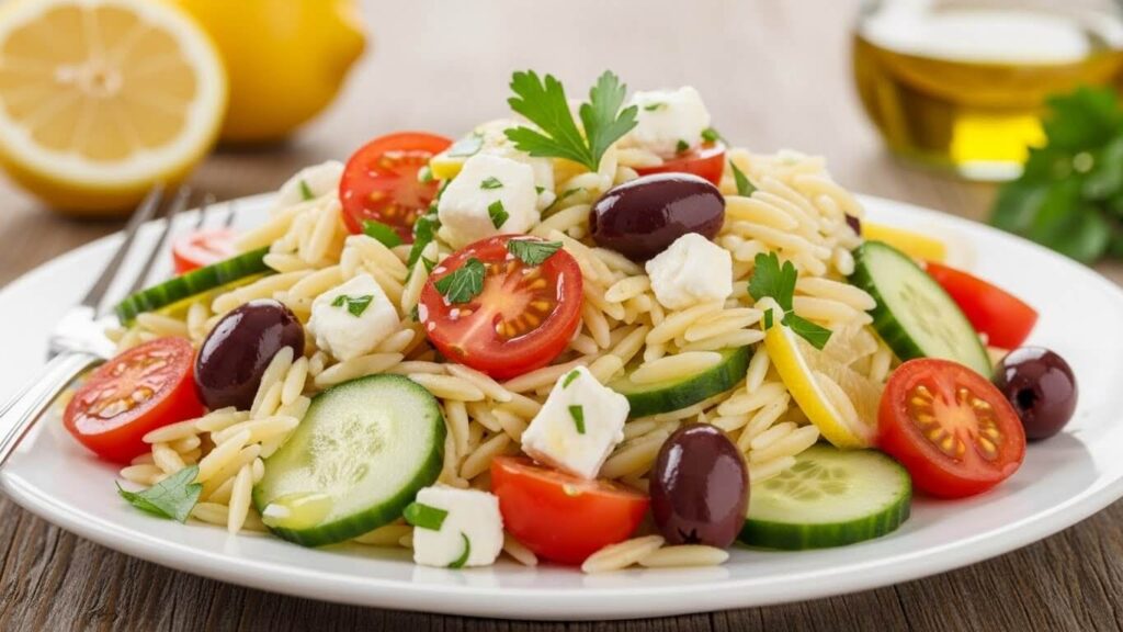 Cold Mediterranean Orzo Pasta Salad with feta, chickpeas, and lemon vinaigrette