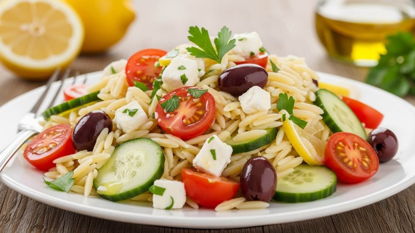 Cold Mediterranean Orzo Pasta Salad with feta, chickpeas, and lemon vinaigrette