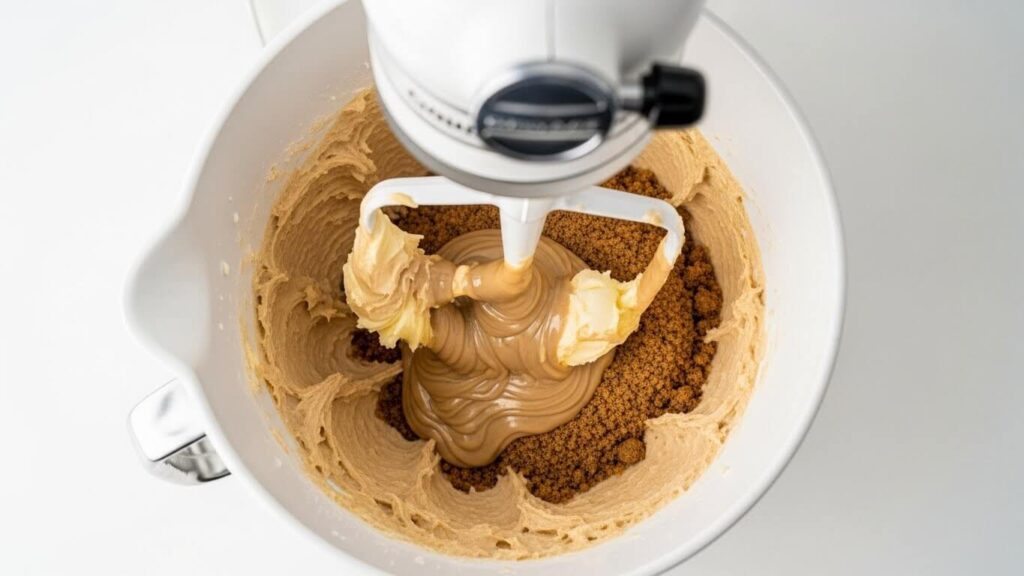 Tahini and sugars being creamed in a stand mixer bowl for tahini cookies