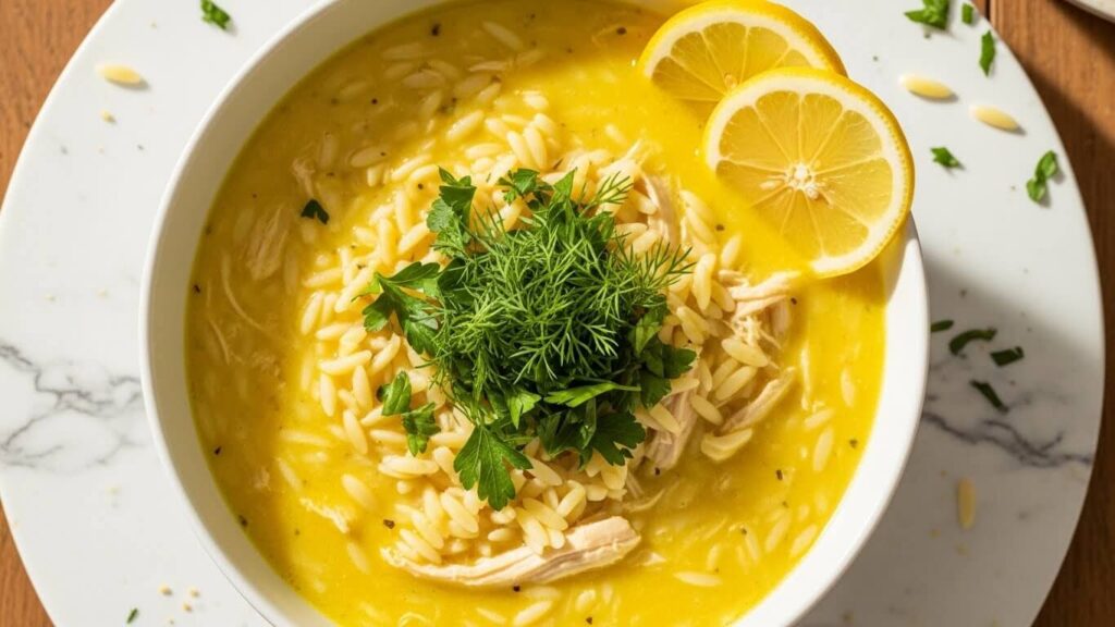 A steaming bowl of creamy Greek lemon chicken orzo soup garnished with fresh dill and parsley.