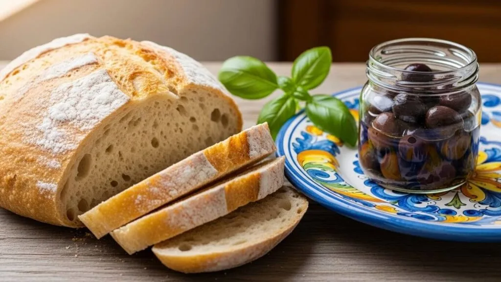 French peasant bread recipe served with olives and Mediterranean herbs.