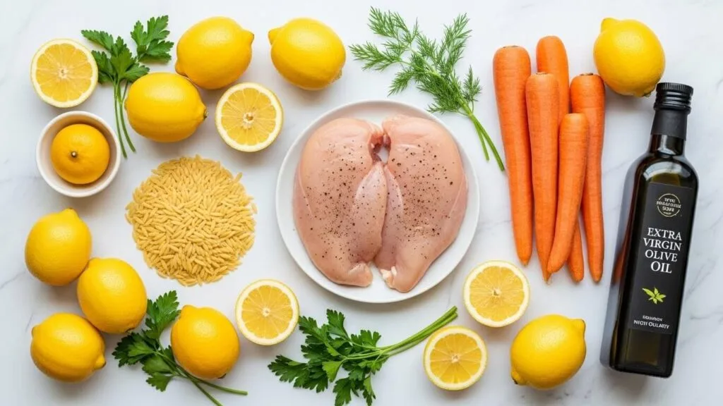 Flat lay of core ingredients for healthy lemon chicken orzo soup: lemons, chicken, orzo, olive oil and fresh herbs.